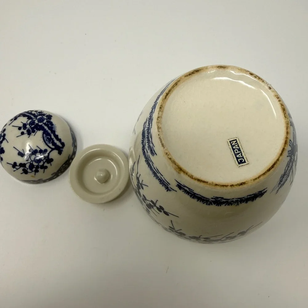 Vintage Japan Blue and White Ceramic Ginger Jar Floral Cherry Blossom 5 inches
